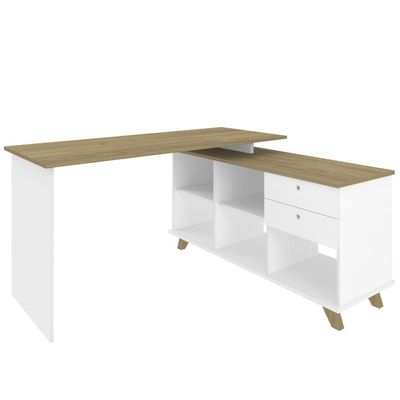 Mesa Para Escritório Home Office Escrivaninha Gold A02 Branco Olmo 02 Gavetas  - Lyam Decor