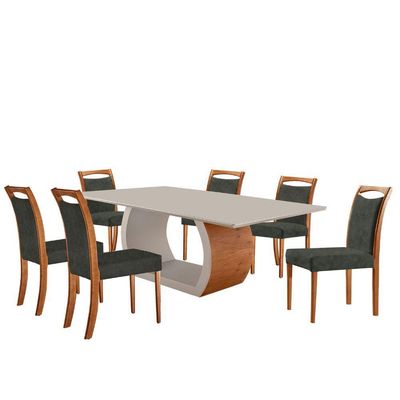 Mesa Ellis 180cm Tampo Laqueado Com Vidro Com 6 Cadeiras Munique Jade /off White/imbuia Nat