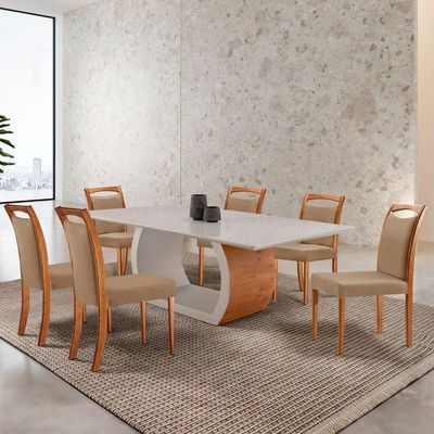 Mesa Ellis 180cm Tampo Laqueado Com Vidro Com 6 Cadeiras Munique Linho Palha/imbuia Natural/off White