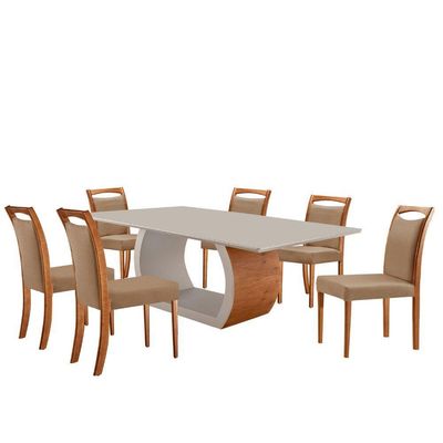 Mesa Ellis 180cm Tampo Laqueado Com Vidro Com 6 Cadeiras Munique Linho Palha/imbuia Natural/off White