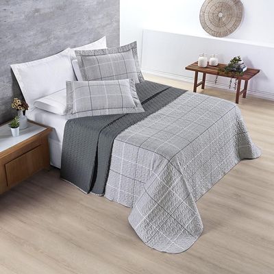Kit Cobre Leito Colcha Celi Casal Padrão Dupla Face Micropercal 200 Fios 3 Peças Xadrez Grid Cinza