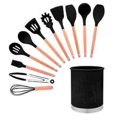 Kit 12 Utensílios Para Cozinha Colheres Silicone/madeira Preto