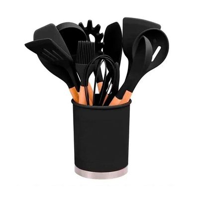Kit 12 Utensílios Para Cozinha Colheres Silicone/madeira Preto