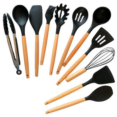 Kit 12 Utensílios Para Cozinha Colheres Silicone/madeira Preto