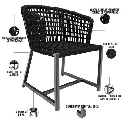 Kit Mesa Wine Com 4 Cadeira Área Externa Espaço Gourmet Corda Náutica Belize D04 Preto - Lyam Decor
