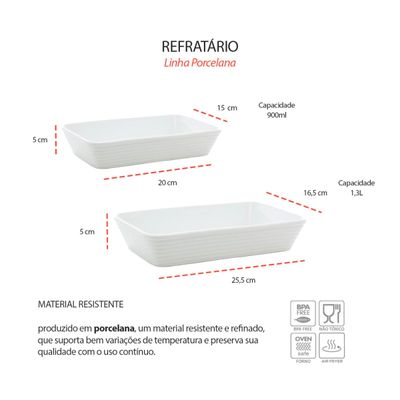 Conjunto Travessa Refratario de Porcelana Branco 20cm 25,5cm