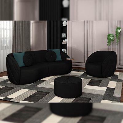 Sofá Decorativo 288cm com Almofadas Redondas Clarke Veludo Preto - Gran Belo