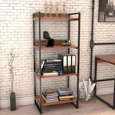 Kit Mesa Cavalete 135 cm com Estante 4 Prateleiras Estilo Industrial Form C01 Nogal - Lyam Decor