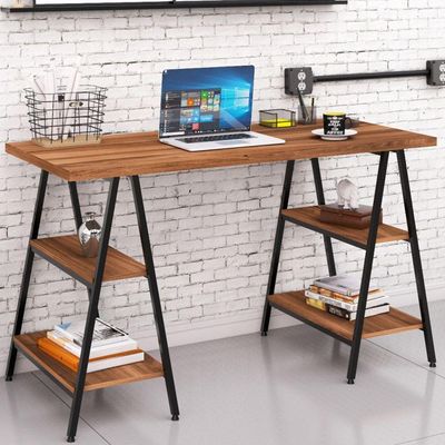 Kit Mesa Cavalete 135 cm com Estante 4 Prateleiras Estilo Industrial Form C01 Nogal - Lyam Decor