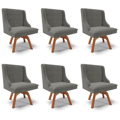 Kit 6 Cadeiras Decorativas Sala de Jantar Base Giratória de Madeira Firenze Suede Grafite/Natural G19 - Gran Belo