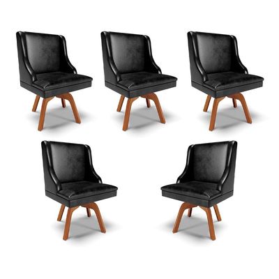 Kit 5 Cadeiras Decorativas Sala de Jantar Base Giratória de Madeira Firenze PU Preto Brilho/Natural G19 - Gran Belo