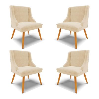 Kit 4 Cadeiras Decorativas Sala de Jantar Pés Palito de Madeira Firenze Suede Bege/Natural G19 - Gran Belo