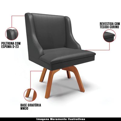 Kit 2 Cadeiras Decorativas Sala de Jantar Base Giratória de Madeira Firenze PU Preto Fosco/Natural G19 - Gran Belo