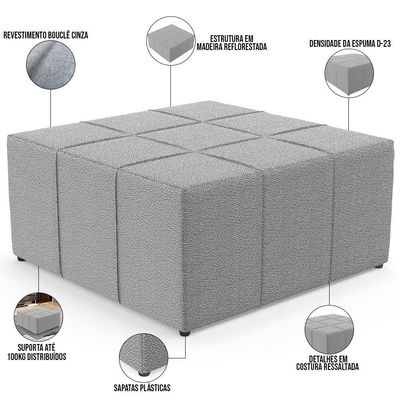 Kit 02 Puffs Decorativos Para Sala De Estar Quadrado Milano 90x90 W01 Bouclê Cinza - Lyam Decor