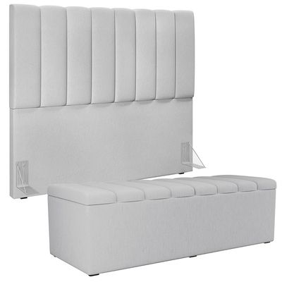 Kit Cabeceira Cama Box Casal 140cm Com Calçadeira Recamier Baú Dália W01 Linho Cinza - Lyam Decor