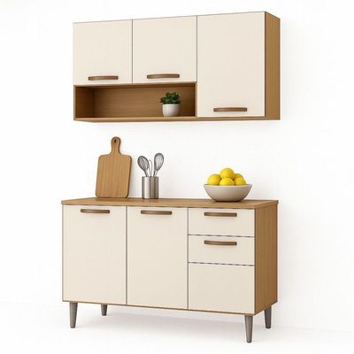 Kit Armário De Cozinha Alba Aéreo E Balcão 3 Portas Cinamomo/off White