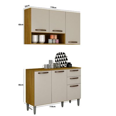 Kit Armário De Cozinha Alba Aéreo E Balcão 3 Portas Cinamomo/off White