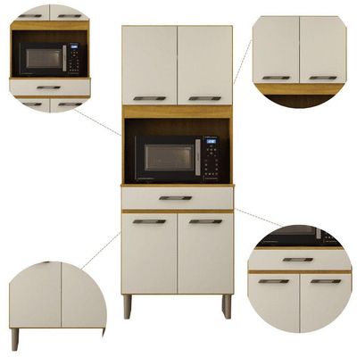 Armário De Cozinha Multiuso 4 Portas Com Espaço Micro-ondas Cinamomo/off White Acetinado