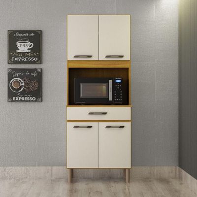 Armário De Cozinha Multiuso 4 Portas Com Espaço Micro-ondas Cinamomo/off White Acetinado