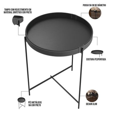 Mesa De Canto Lateral Decorativa Industrial Sala de Estar 56 cm Sintético Preto P06 Daisy - Lyam