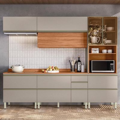 Cozinha Modulada Proença 5 Peças Com Paneleiro 1 Forno Nogueira Touch-nude Prime Tx - Demartêz