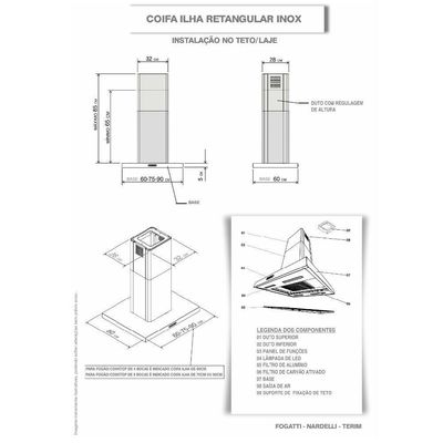 Coifa Ilha 60cm Retangular Terim Inox 220V