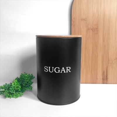 Pote Açucar Porta Mantimento Aço Preto Tampa Bambu Lata 1,4L