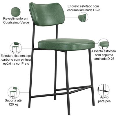Kit 06 Banquetas Baixa Bar Cozinha Sala De Jantar Preto Melina L02 Couríssimo Verde - Lyam Decor