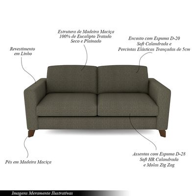 Sofá Sala de Estar Living 3 Lugares 280cm Presley Pés Madeira Linho Cinza G52 - Gran Belo