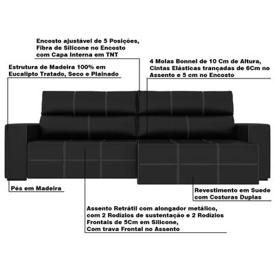 Sofá Retrátil 224cm Nero Couro Preto - Gran Belo