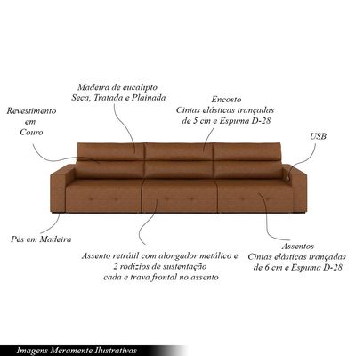 Sofá Retrátil 4 Lugares 284cm 3 Módulos Nero com USB Couro Manchado Claro G52 - Gran Belo