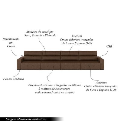 Sofá Retrátil 6 Lugares 364cm 4 Módulos Nero com USB Couro Manchado G52 - Gran Belo