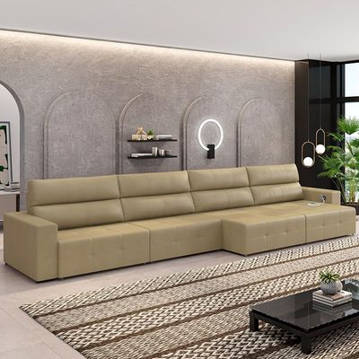 Sofá Retrátil 6 Lugares 364cm 4 Módulos Nero com USB Couro Bege G52 - Gran Belo