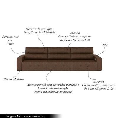 Sofá Retrátil 5 Lugares 374cm 3 Módulos Nero com USB Couro Manchado G52 - Gran Belo
