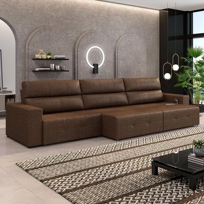 Sofá Retrátil 5 Lugares 374cm 3 Módulos Nero com USB Couro Manchado G52 - Gran Belo