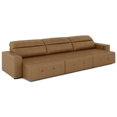 Sofá Retrátil 5 Lugares 374cm 3 Módulos Nero com USB Couro Caramelo G52 - Gran Belo