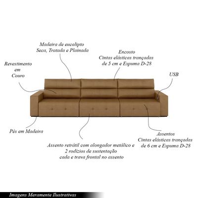 Sofá Retrátil 5 Lugares 374cm 3 Módulos Nero com USB Couro Caramelo G52 - Gran Belo