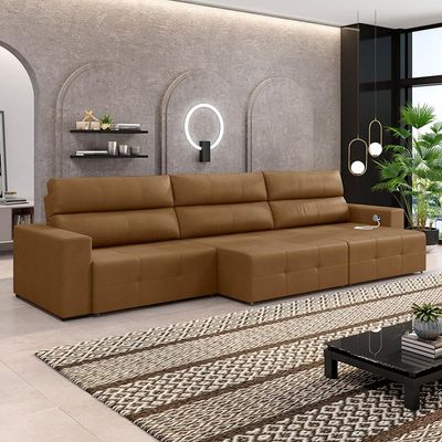 Sofá Retrátil 5 Lugares 374cm 3 Módulos Nero com USB Couro Caramelo G52 - Gran Belo