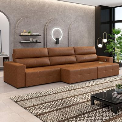 Sofá Retrátil 5 Lugares 374cm 3 Módulos Nero com USB Couro Manchado Claro G52 - Gran Belo