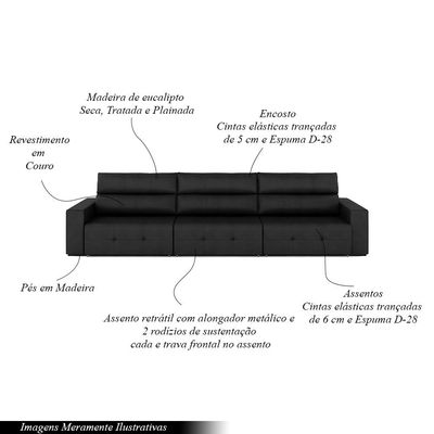 Sofá Retrátil 6 Lugares 404cm 3 Módulos Nero Couro Preto G52 - Gran Belo
