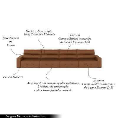 Sofá Retrátil 6 Lugares 444cm 4 Módulos Nero Couro Manchado Claro G52 - Gran Belo
