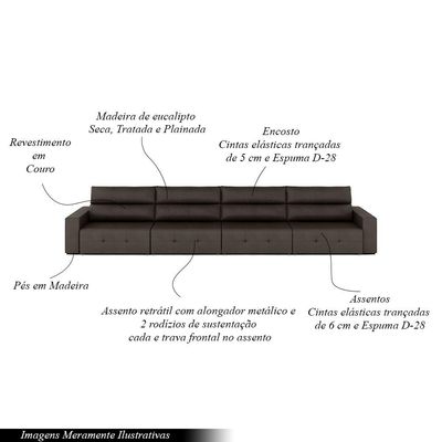 Sofá Retrátil 6 Lugares 444cm 4 Módulos Nero Couro Marrom G52 - Gran Belo