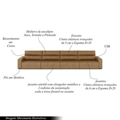Sofá Retrátil 6 Lugares 444cm 4 Módulos Nero com USB Couro Caramelo G52 - Gran Belo