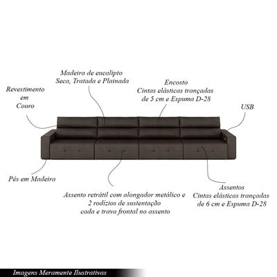 Sofá Retrátil 6 Lugares 444cm 4 Módulos Nero com USB Couro Marrom G52 - Gran Belo