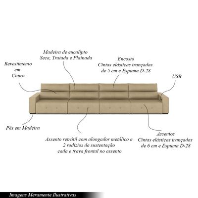 Sofá Retrátil 8 Lugares 484cm 4 Módulos Nero com USB Couro Bege G52 - Gran Belo