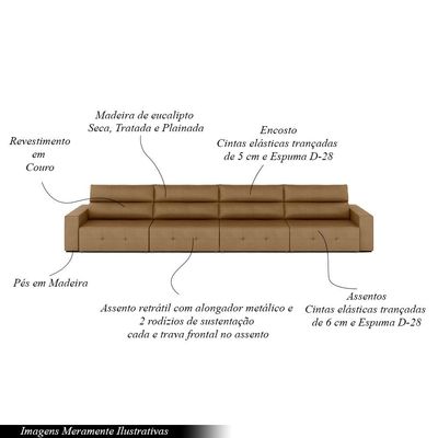 Sofá Retrátil 8 Lugares 484cm 4 Módulos Nero Couro Caramelo G52 - Gran Belo