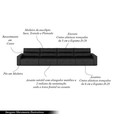 Sofá Retrátil 8 Lugares 484cm 4 Módulos Nero Couro Preto G52 - Gran Belo