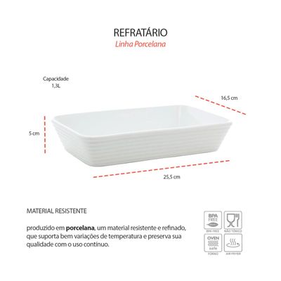 Travessa Refratario de Porcelana Retangular Branco 25,5cm