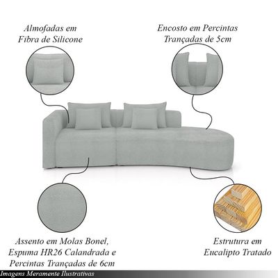 Sofá Curvo Decorativo Kimiko 307Cm 3 Lugares Sala de Estar com Chaise Bouclê Cinza G52 - Gran Belo