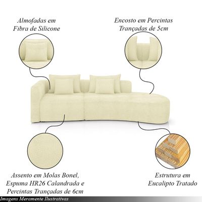 Sofá Curvo Decorativo Kimiko 297Cm 2 Lugares Sala de Estar com Chaise Bouclê Off White G52 - Gran Belo